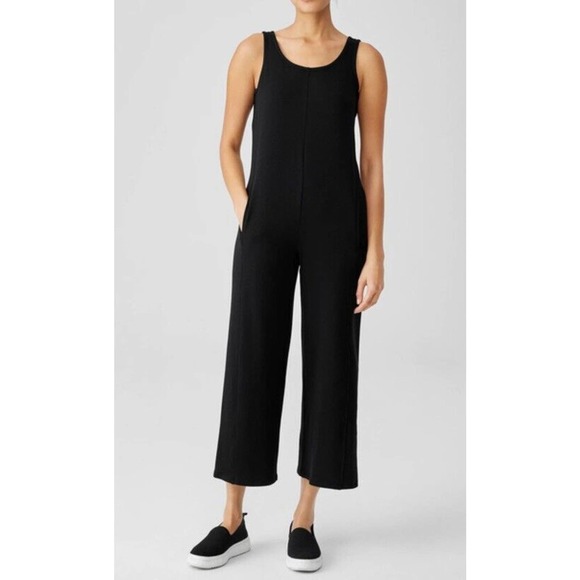 Eileen Fisher Pants - Eileen Fisher Cozy Brushed Terry Hug Wide Leg Crop Jumpsuit Size XS Black
